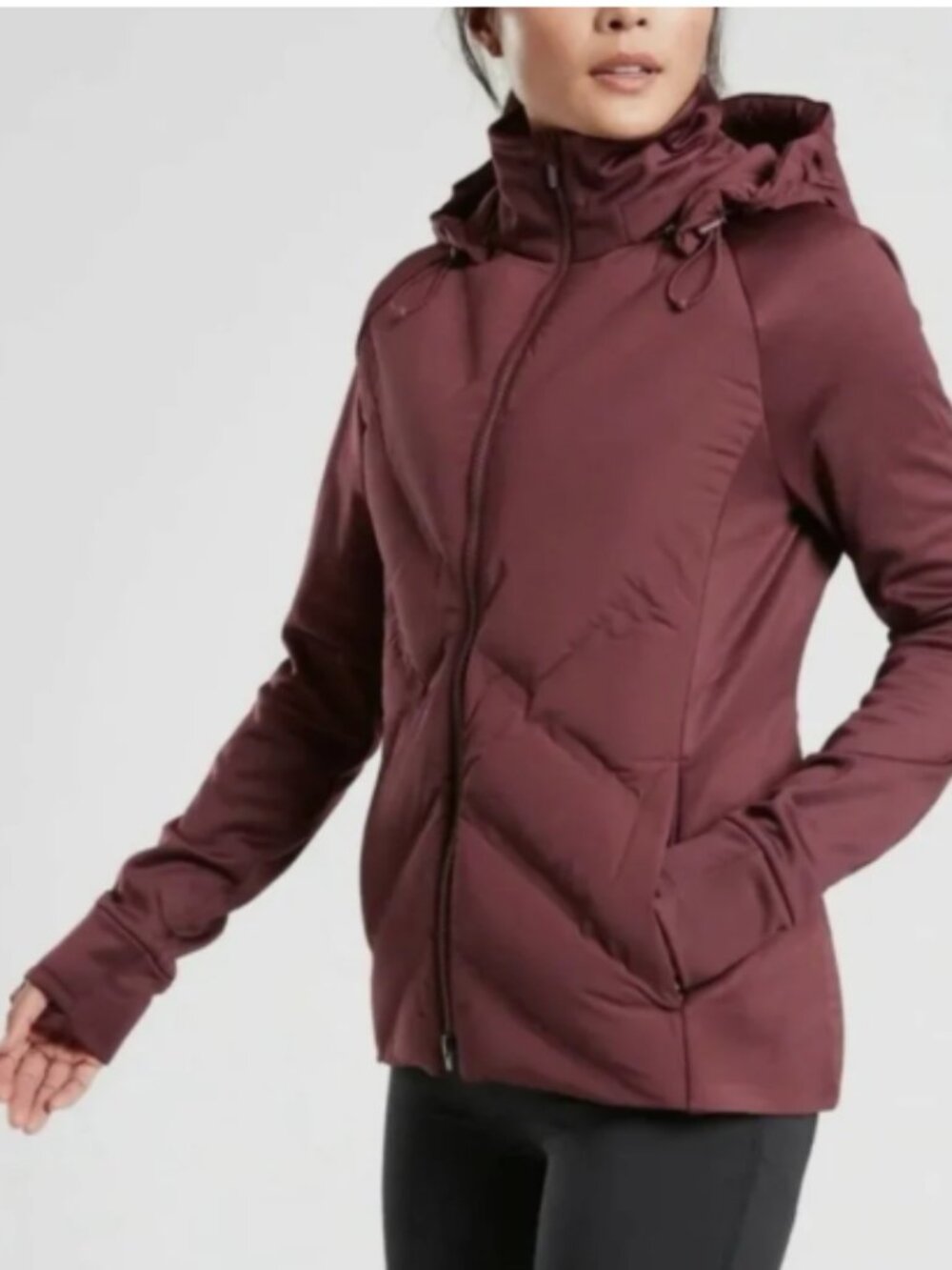 Athleta Inlet Jacket Down Puffer Full Zip Hooded Jacket Antique Burgundy Size L